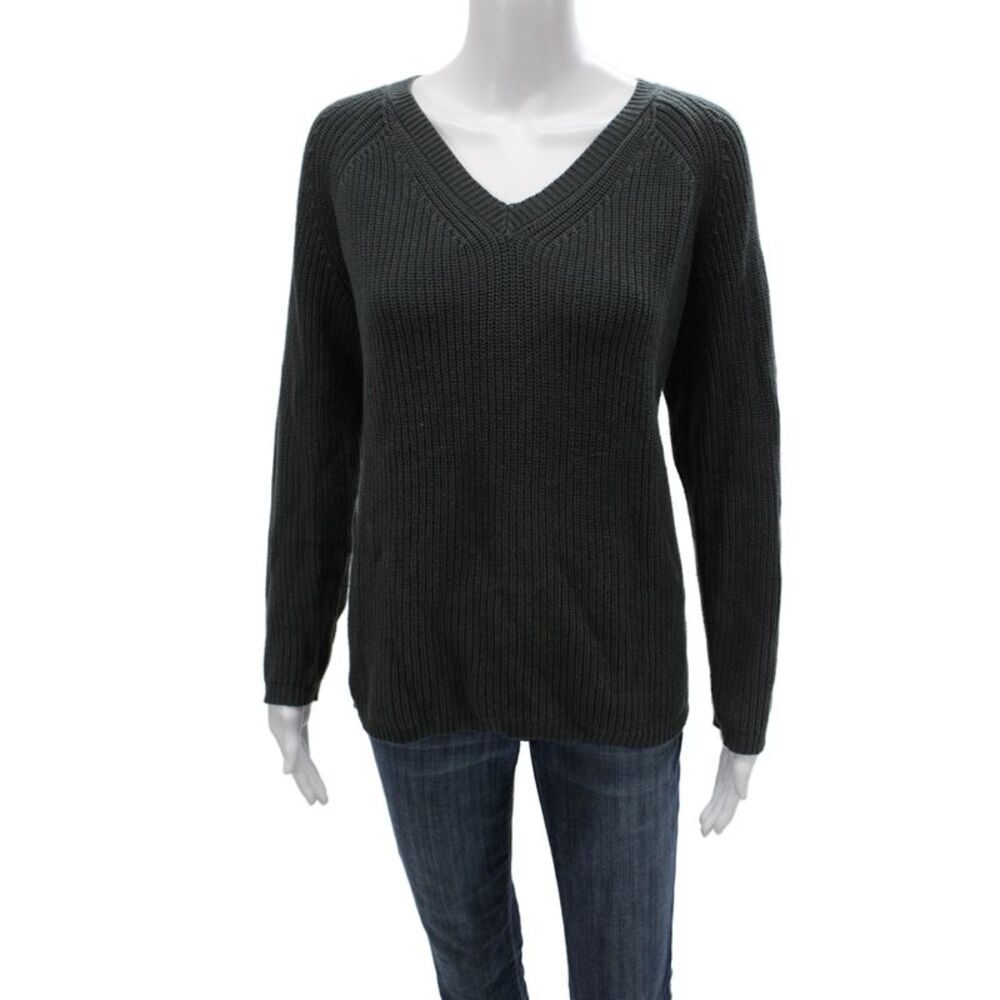 Metric Knits Women Green V Neck Cotton Pullover Long Sleeve Size M